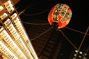 歩く人は皆見上げて驚く 宝田恵比寿神社前の大提灯